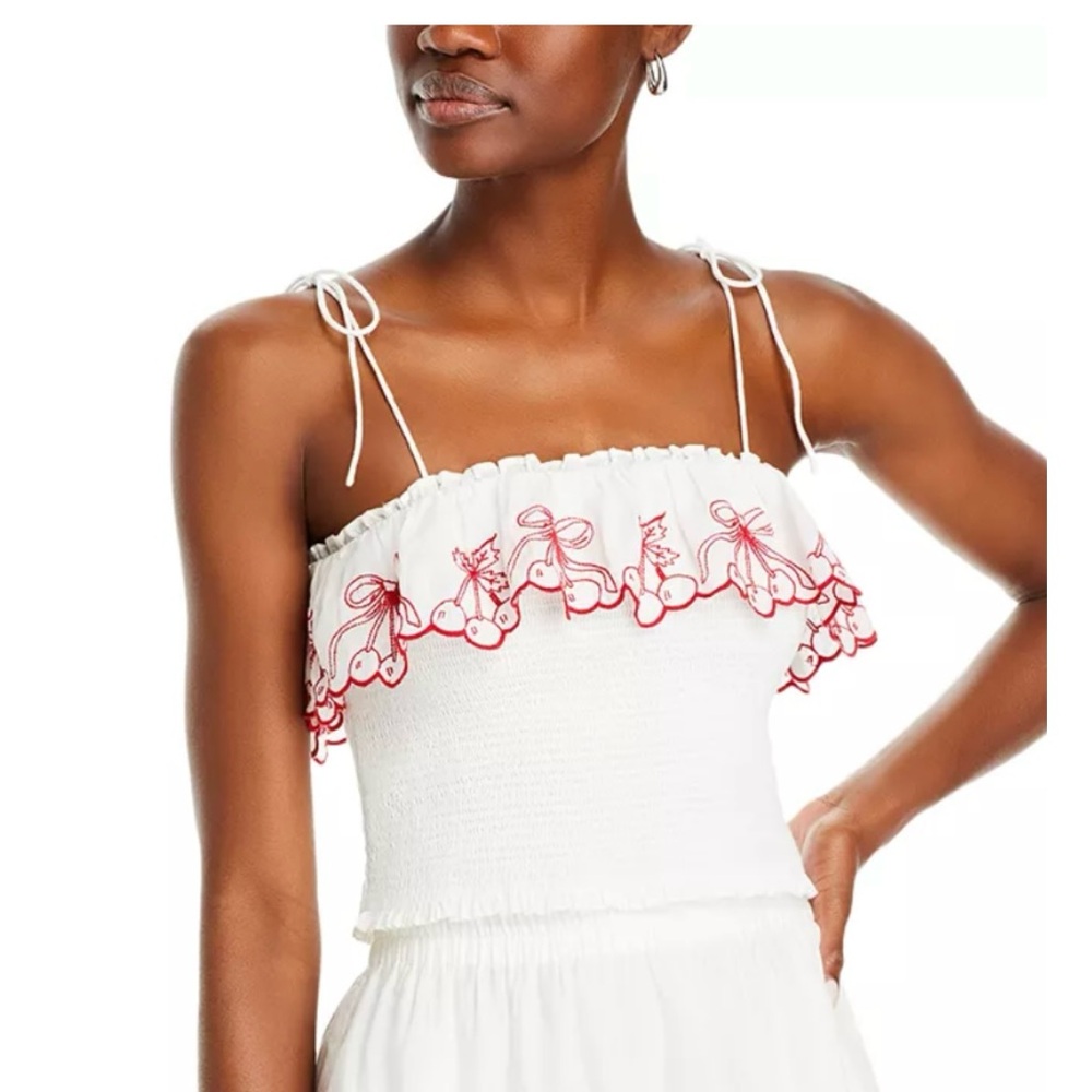 LoveShackFancy White Smocked Camisole with Red Embroidered Ruffle